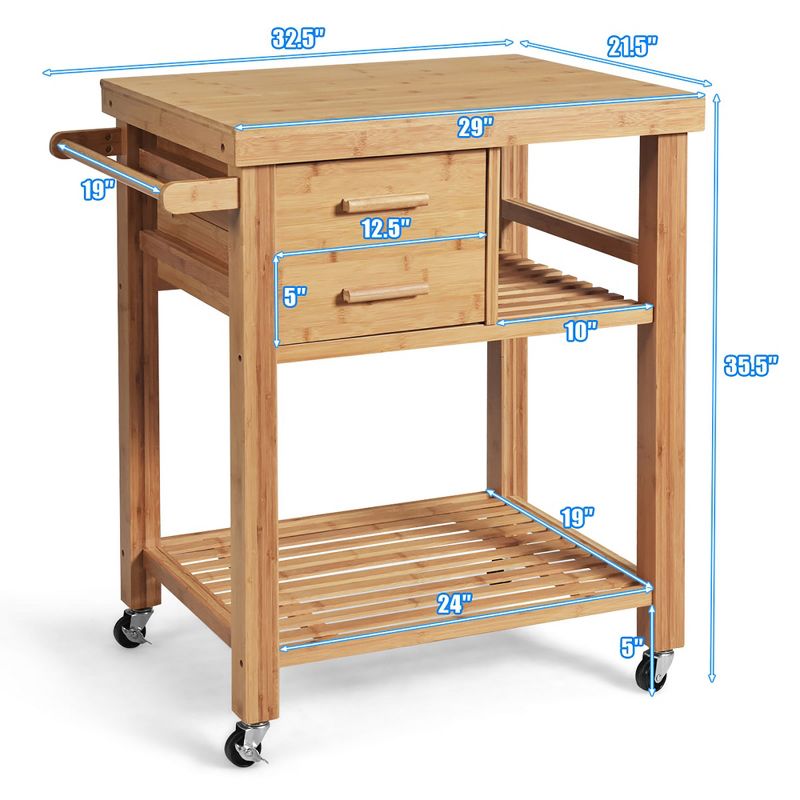 Costway Bamboo Kitchen Trolley Cart Wood Rolling Island w/ Tower Rack & Drawers, 2 of 11
