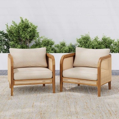 Outdoor Patio Acacia Wood Club Arm Chair,Wicker Back Beige Cushioned Garden Club Chair,Weather Resistant Wicker Upholstered Chair-Coolbibila