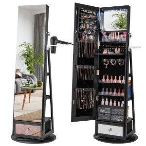 Tangkula 360° Swivel Jewelry Cabinet w/ Mirror Jewelry Storage Organizer Built-in Lights Black - 1 of 4