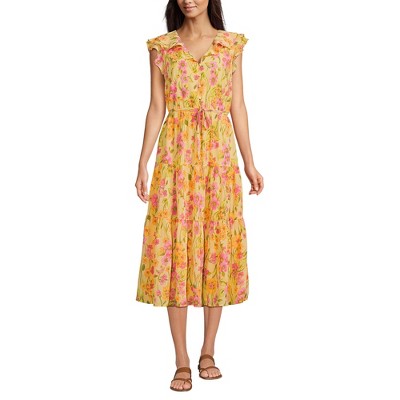 Lands' End Women's Ruffle Sleeve Chiffon Tiered Midi Dress