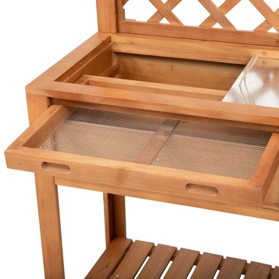 Natural Solid Wood Outdoor Potting Bench with Metal Screen and Storage