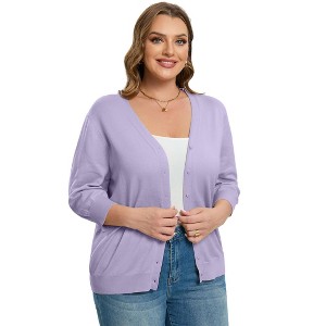 Women's Plus Size V-Neck Cardigan Casual 3/4 Sleeve Knit Button Down Open Front Sweater - 1 of 4