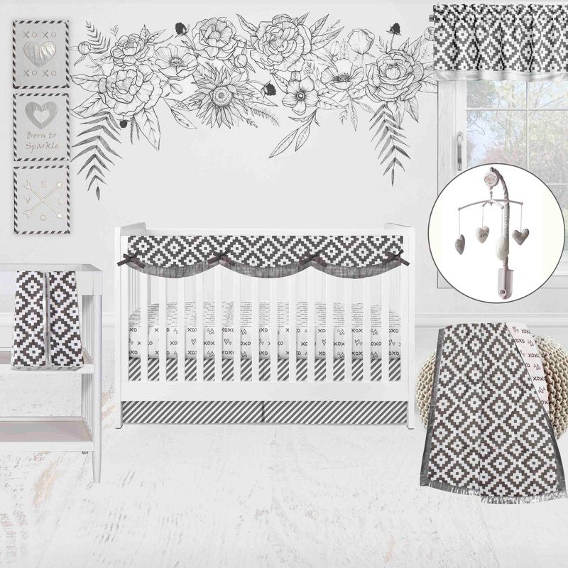 Bacati - Love Design/Print Gray/Silver 10 pc Crib Bedding Set with Long Rail Guard Cover, 1 of 12