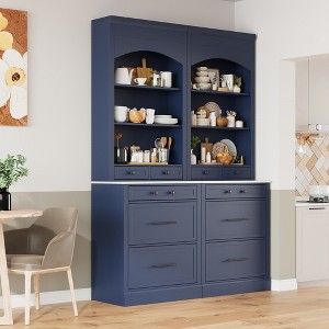 83.7" Modern Tall Kitchen Pantry, Set of 2, Freestanding Hutch with Faux Marble Tops, 5 Drawers & Adjustable Shelf - 1 of 4