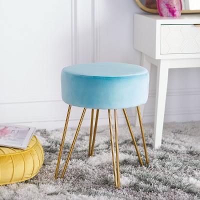 Abrea Aqua Velvet Round Ottoman with Gold Hairpin Legs