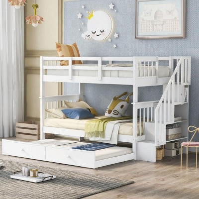 Streamdale Stairway Twin-Over-Twin Bunk Bed With Twin Size Trundle For Bedroom, Dorm, Adults, White