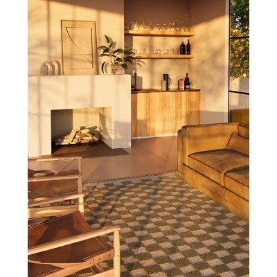 Handwoven Green and Beige Wool Checkered Rectangular Rug