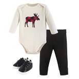 Hudson Baby Infant Boy Cotton Bodysuit, Pant and Shoe 3pc Set, Plaid Moose