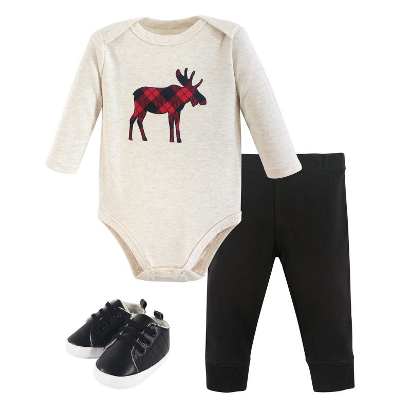 Hudson Baby Infant Boy Cotton Bodysuit, Pant and Shoe 3pc Set, Plaid Moose, 1 of 3