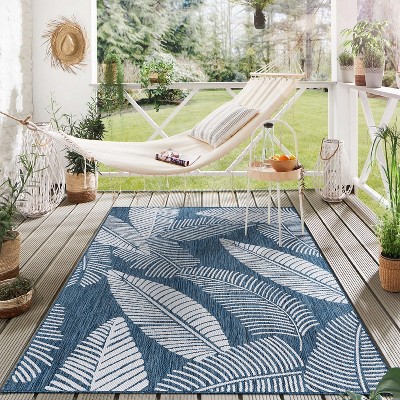 Navy Floral Synthetic 7'10"x10' Flat Woven Indoor/Outdoor Rug