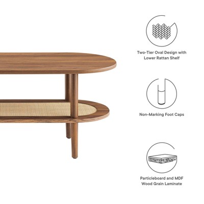 Walnut Oval Coffee Table with Rattan Shelf and Wood Grain Finish