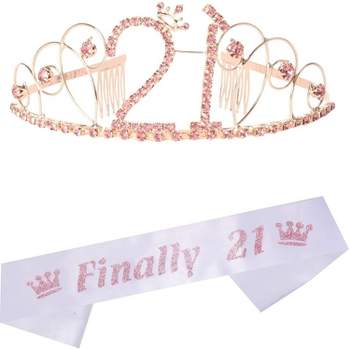 Meant2tobe 21st Glitter Sash + Basic Rhinestone Pink Premium Metal Tiara for Women - Pink