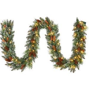 24-Inch Pre-Lit Christmas Wreath with Warm White LED Lights, Frosted Pine Cones, Indoor Outdoor Holiday Door Decor - 1 of 4