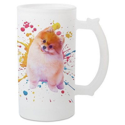 100 North Freezable Beer Stein Mug With Thumb Grip Handle, 16 Ounce Frosted Glass, Pomeranian Dog Paint Splatter