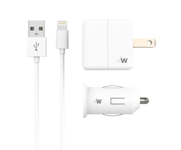 Just Wireless Single USB Car & Single USB Wall Charger (with Apple Lightning Cable) - White