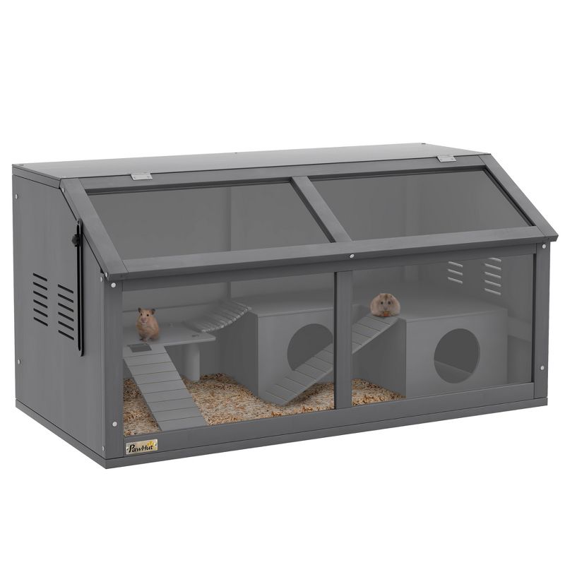 PawHut Wooden Hamster Cage, Hamster Habitat for Gerbils Mice with Suspension Bridge, Ladders, Openable Top Hut, 33.5" x 18" x 17", Charcoal Gray, 1 of 7