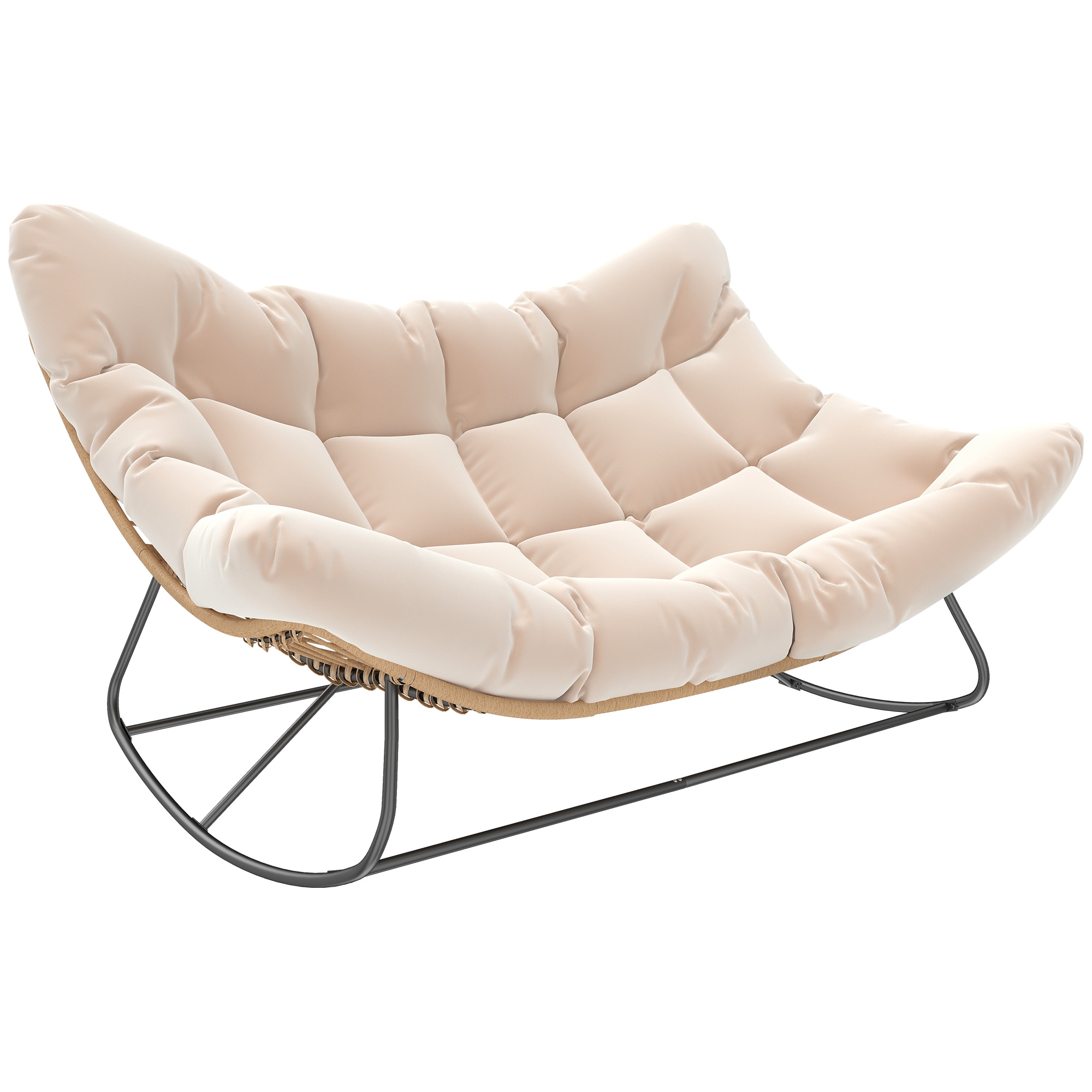 Outsunny Double Papasan Rocking Chair, Oversized Indoor Outdoor Rocking Egg Chair with Cushion, PE Wicker Outdoor Rocker for Patio Garden, Cream White