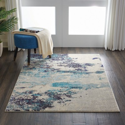 Oceanic Bliss Abstract Blue and White Synthetic 4' x 6' Rug