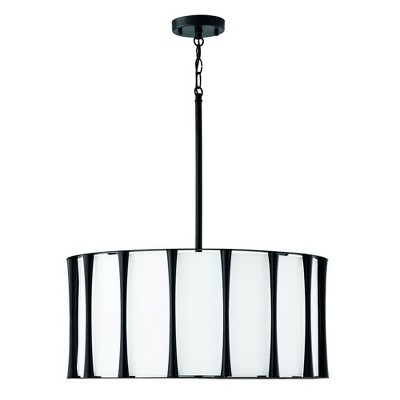 Matte Black 4-Light Drum Pendant with White Fabric Shade