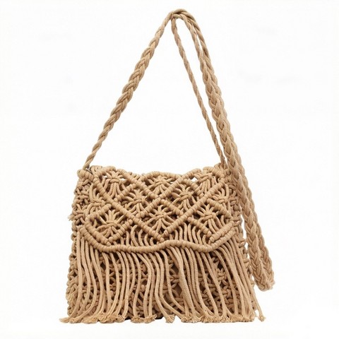 Сумки Alilang Macrame Fringe Shoulder Bag Knotted Rope Crossbody Handbag Boho Woven Tassel Bag Lightweight Handmade Style Purse - Khaki