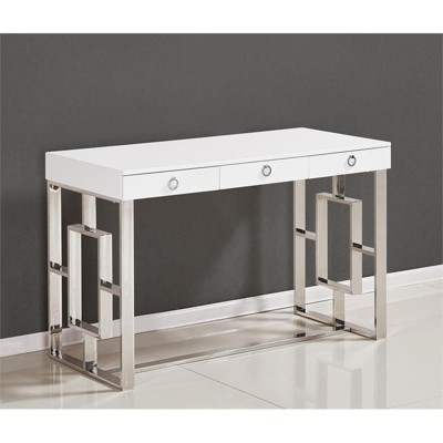 Luxe White High Gloss 47" Writing Desk with Stainless Steel Frame & Drawers