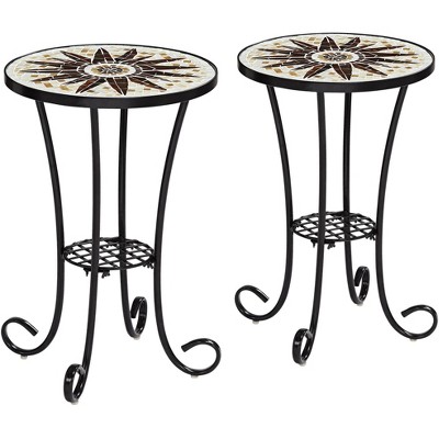 Teal Island Designs Rustic Black Round Outdoor Accent Side Tables Set of 2 14" Wide Brown Mosaic Tabletop for Front Porch Patio Home House