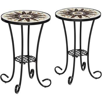 Teal Island Designs Rustic Black Round Outdoor Accent Side Tables 14" Wide Set of 2 Brown Mosaic Tabletop for Front Porch Patio Home House