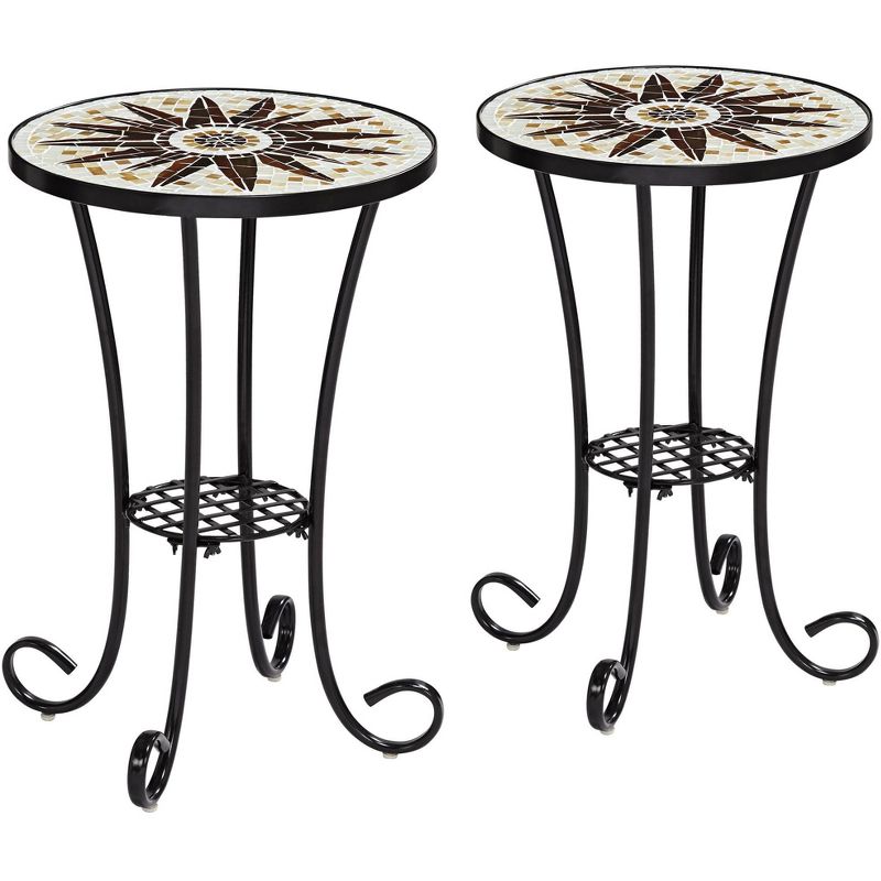 Teal Island Designs Rustic Black Round Outdoor Accent Side Tables 14" Wide Set of 2 Brown Mosaic Tabletop for Front Porch Patio Home House, 1 of 9