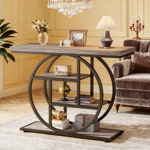 Gulches 41.3" Industrial Console Table, 4-Tier with Rustic Brown Shelves and Circle Metal Base, 100LBS Capacity, Adjustable Pads - 1 of 3