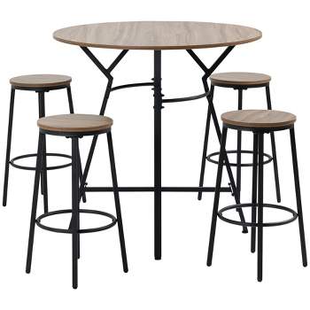 HOMCOM Industrial 5-Piece Bar Table and Chairs Set, Space Saving Dining Table with 4 Stools for Pub and Kitchen, Brown