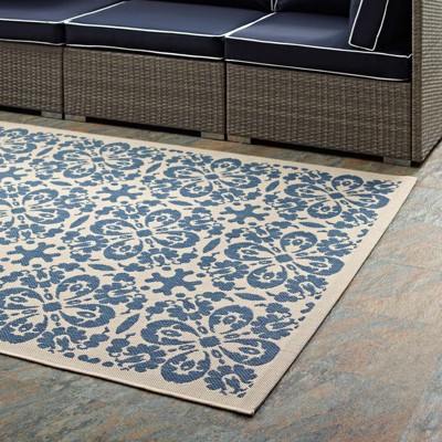 Ariana Vintage Floral Trellis 5x8 Blue and Beige Indoor-Outdoor Rug