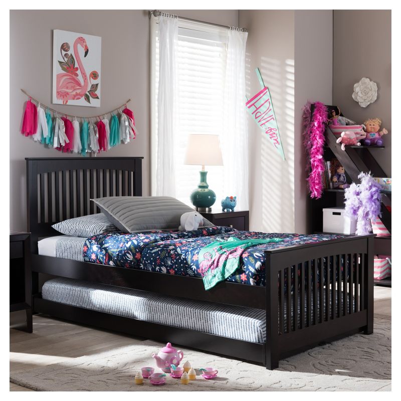 Twin Hevea Solid Wood Platform Bed with Guest Trundle Bed Dark Brown - Baxton Studio, 6 of 8