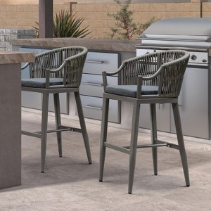 PURPLE LEAF Outdoor Bar Stools Set of 2 Patio Wicker Modern High Bar Chairs Metal Cushioned Barstools with Backs and Ergonomic Armrest - 1 of 1