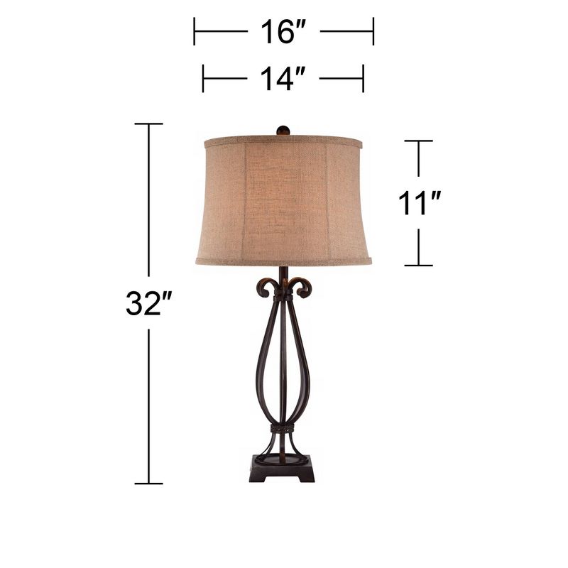 Regency Hill Taos Traditional Table Lamp 32" Tall Iron Open Scroll Base Neutral Burlap Shade for Bedroom Living Room Bedside Nightstand Office Kids, 4 of 7