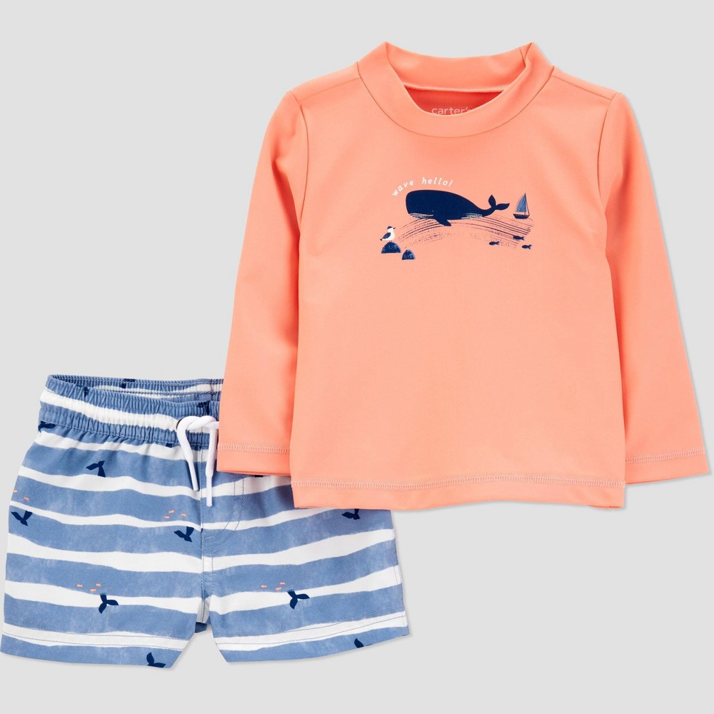 Photos - Swimwear Carter's Just One You®️ Baby Boys' Long Sleeve Whale Printed Rash Guard Set - Blue/Orange 18M: UPF 50+, Elastic Waistband