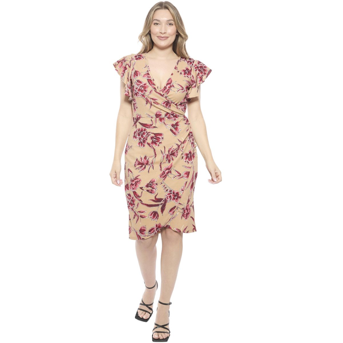 Womens Floral Flutter Sleeve Faux Wrap Knee Length Dress - 24seven Comfort Apparel™