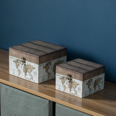 Set of 2 Brown Vintage Rectangle Wood Decorative Storage Boxes