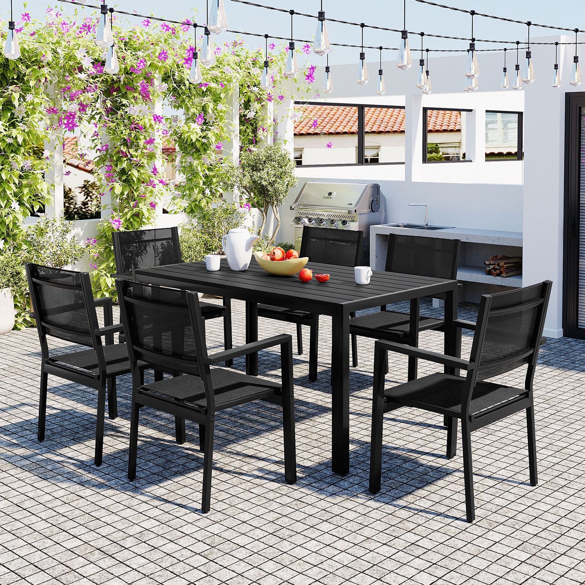 7-Piece Outdoor Patio Dining Set, Steel Table with 6 Chairs, Weather-Resistant Garden Furniture for Backyard, Deck and Balcony, Black - ModernLuxe