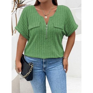Coolmee Women's Plus Size Top Short Sleeve Blouses Zip-up V Neck Top Womens Casual Work Shirt - 1 of 3