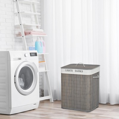 Gray Bamboo Collapsible Laundry Hamper with Lid and Sorter