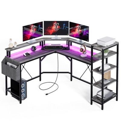 Computer Desk with Power Outlets, 61,4" L Shaped Desk with Full Monitor Stand & Storage Shelves, Corner Desk Gaming Desk, Ergonomic Home Office Desk