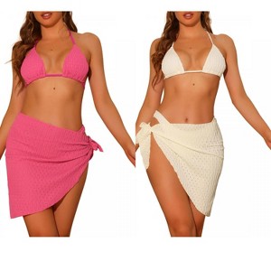 Elerevyo Women's Halter Bikini Sets, Hollow Out Mesh Swimsuits with Sarong Cover Ups Beach Skirt Bathing Suit 3 Pcs 2 Sets - 1 of 4