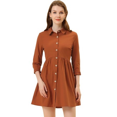 INSPIRE CHIC Women's 3/4 Sleeve Button Front Solid Color Flare Mini Shirt Dress
