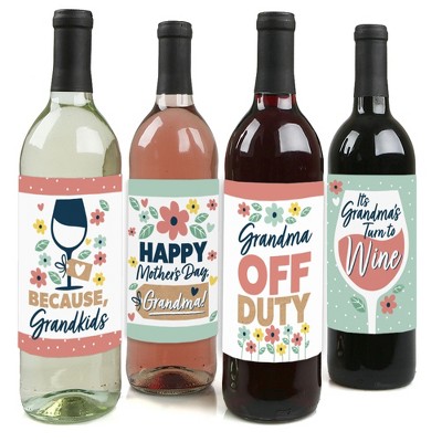 Big Dot of Happiness Grandma, Happy Mother's Day - We Love Grandmother Decorations for Women - Wine Bottle Label Stickers - Set of 4