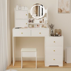 47.2" Modern Vanity Desk with Lighted Mirror and Cushioned Stool, Makeup Table with 5 Drawers and Adjustable Shelves for Bedroom - 3irtyhousy - 1 of 4