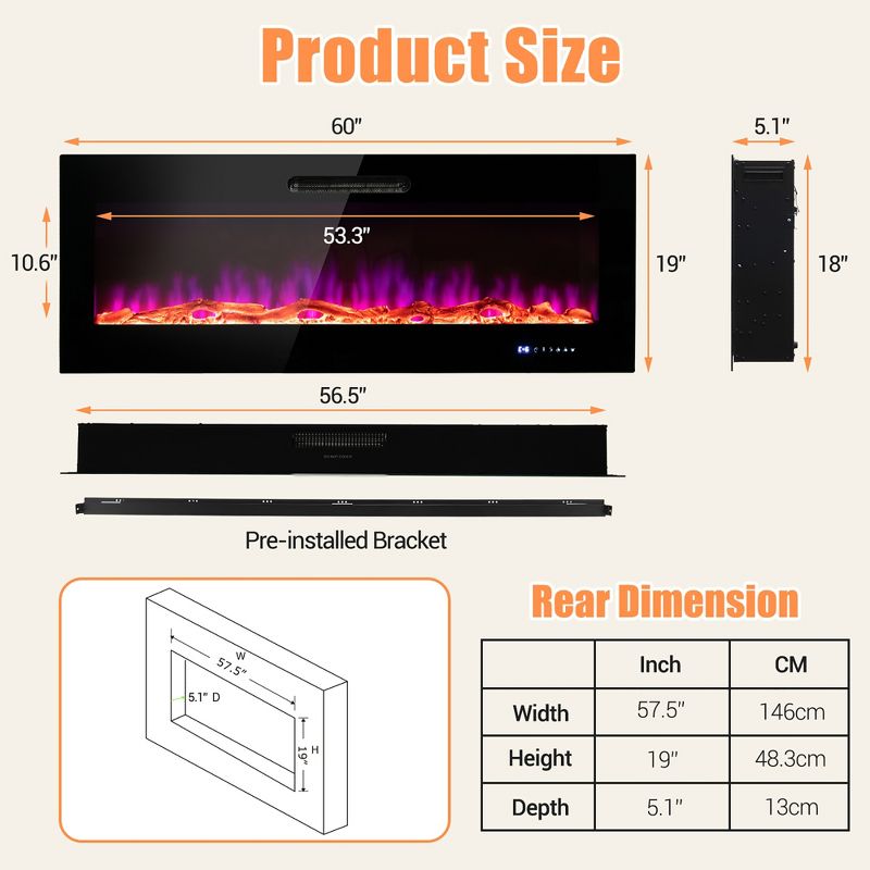 Costway 50''\60'' Electric Fireplace Recessed Wall Mounted Heater W/ Decorative Crystal & Log, 3 of 11