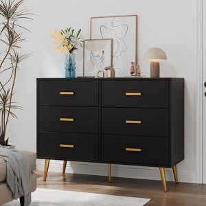 Jojoka Modern 6 Drawer Wooden Dresser with Gold Knobs Large Storage Chest for Bedroom Living Room and Entryway Organizer - 1 of 4