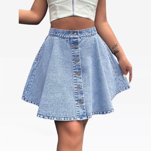 Womens Denim Skirts High Waist Circle Skirts A line Flared Jean Skirts with Front Button Denim Mini Skirts for Summer - 1 of 4