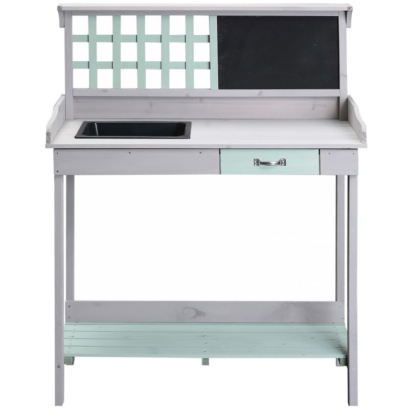 Outsunny Outdoor Wooden Potting Bench Table with Removable Sink, Garden Work Station with Chalkboard, Drawer, Open Shelf Storage, Light Gray, 4 of 9