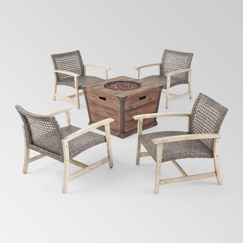 Hampton 5pc Wood & Wicker Club Chair Set with Fire Pit - Christopher Knight Home, 3 of 8